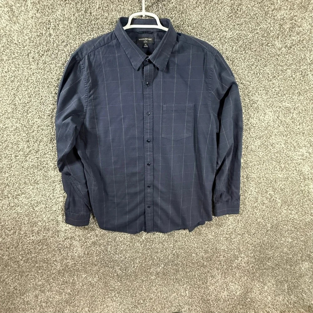 Banana Republic Mens XL Slim Fit Navy Blue Windowpane Cotton Button Down Shirt